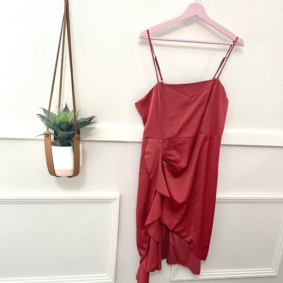 Lulus Like What You See Rose Satin Asymmetrical Ruffled Midi Dress Size XL - Picture 2 of 6